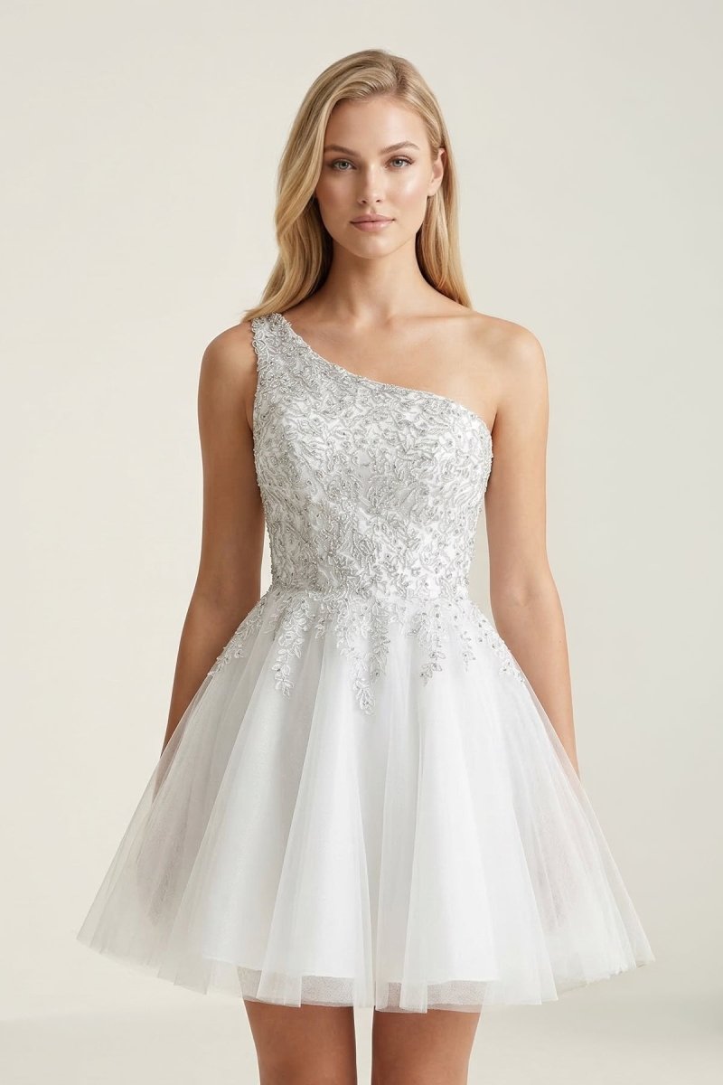 Ivory One - Shoulder Lace Appliqued Tulle Graduation Dress - KissProm