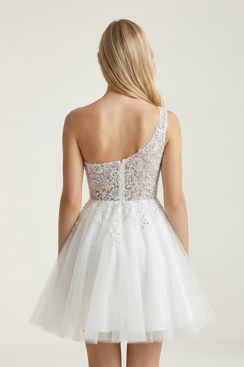 Ivory One - Shoulder Lace Appliqued Tulle Graduation Dress - KissProm