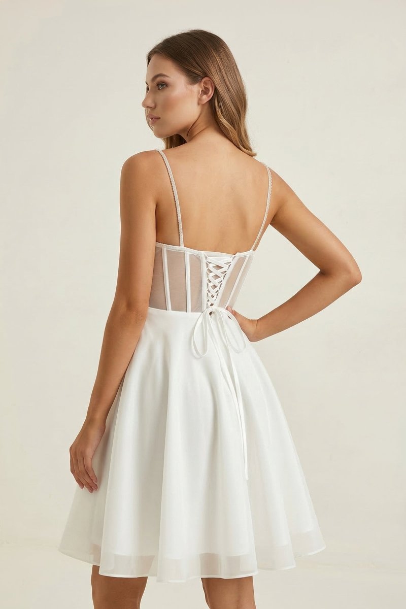 Ivory Spaghetti Strap Tulle A - Line Corset Graduation Dress - KissProm