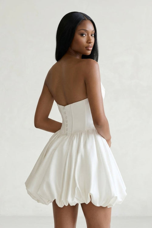 Ivory Strapless Corset A - Line Satin Graduation Dress - KissProm
