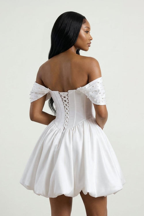 White Off - the - Shoulder A - Line Taffeta Corset Graduation Dress - KissProm