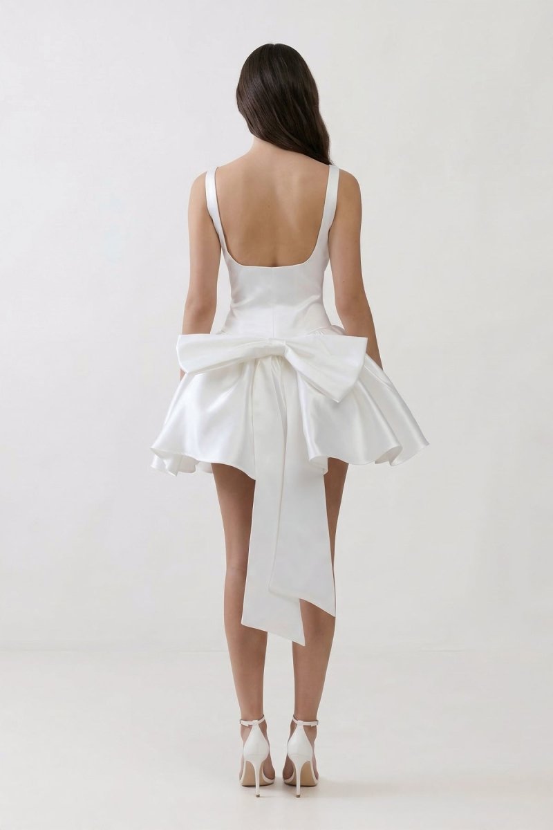 Scoop Neck A - Line Satin Graduation Dress With Bow - KissProm