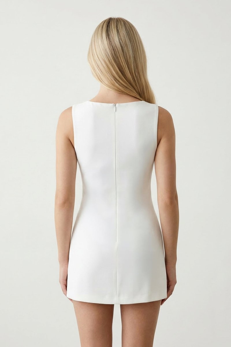 Square Neck White Satin Mini Graduation Dress with Slit - KissProm