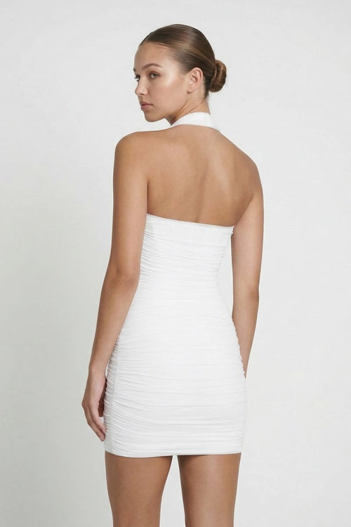 White Halter Sheath Pleated Mini Graduation Dress - KissProm