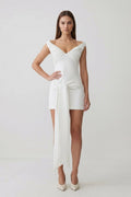 White Off - the - Shoulder Sheath Graduation Dress with Waist Tie - KissProm