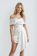 White Off - the - Shoulder Sheath Satin Graduation Dress - KissProm