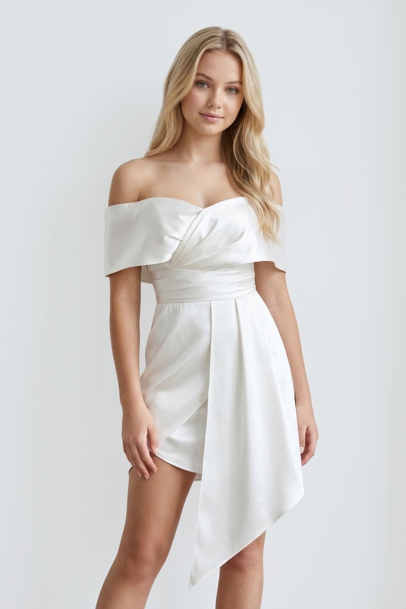 White Off - the - Shoulder Sheath Satin Graduation Dress - KissProm