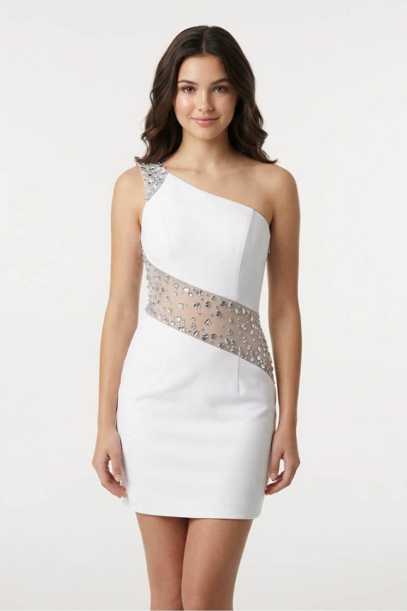 White One - Shoulder Sheath Beaded Graduation Dress - KissProm