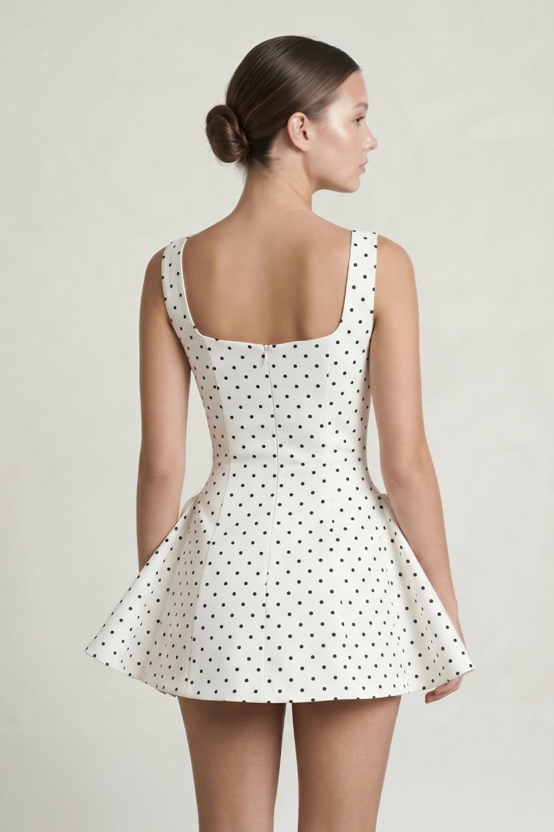 White Polka Dot Square Neck A - Line Mini Graduation Dress - KissProm