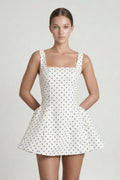 White Polka Dot Square Neck A - Line Mini Graduation Dress - KissProm