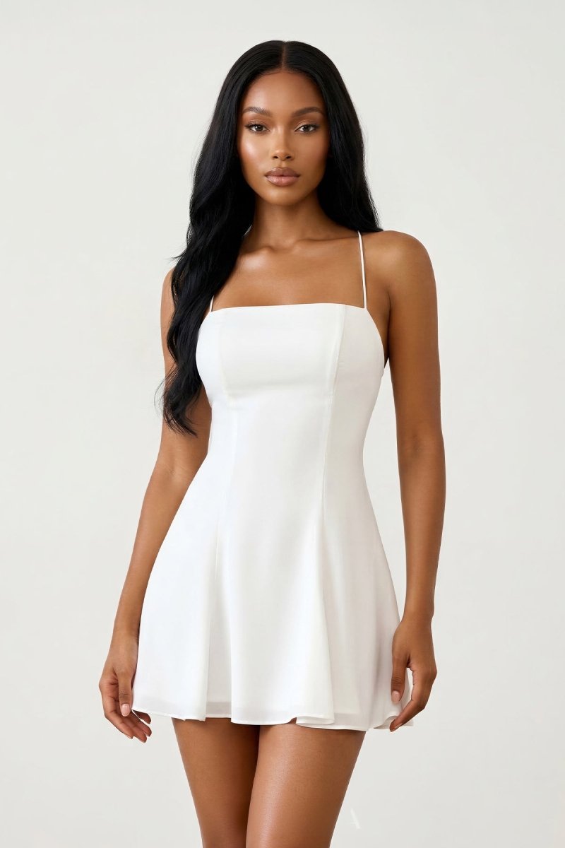 White Spaghetti Strap A - Line Chiffon Graduation Dress - KissProm