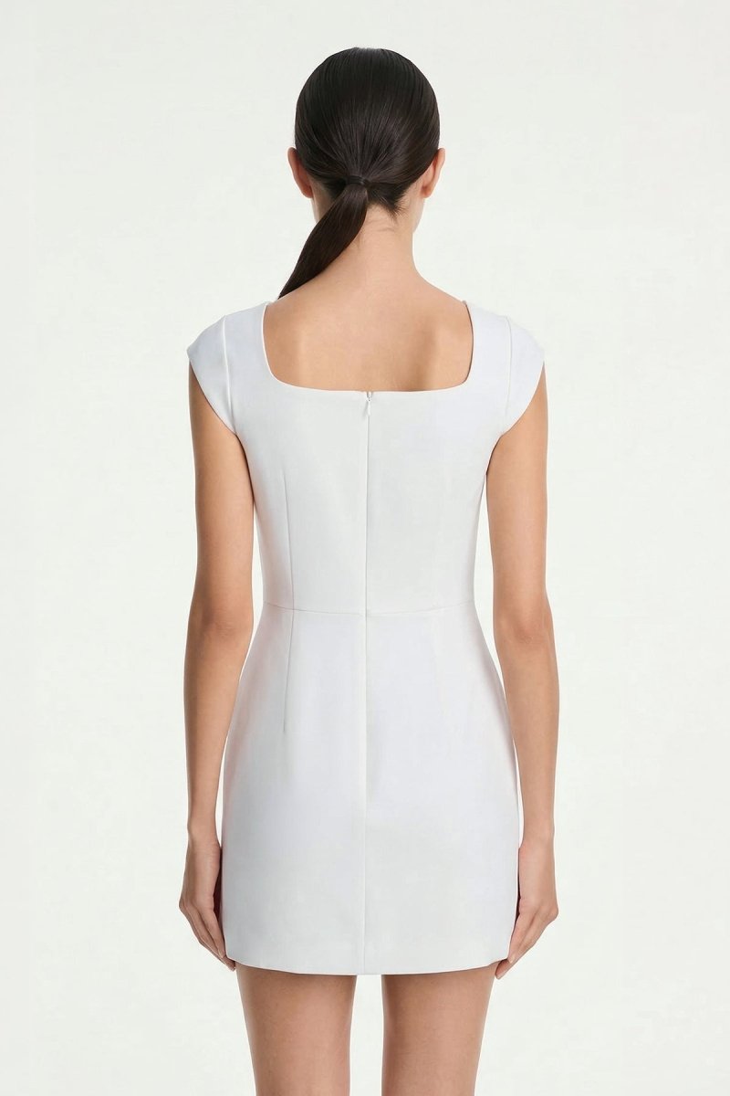White Square Neck Sheath Graduation Dress With Button - KissProm