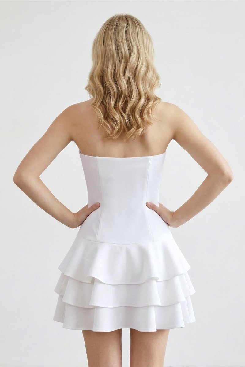 White Strapless A - Line Tiered Graduation Dress - KissProm