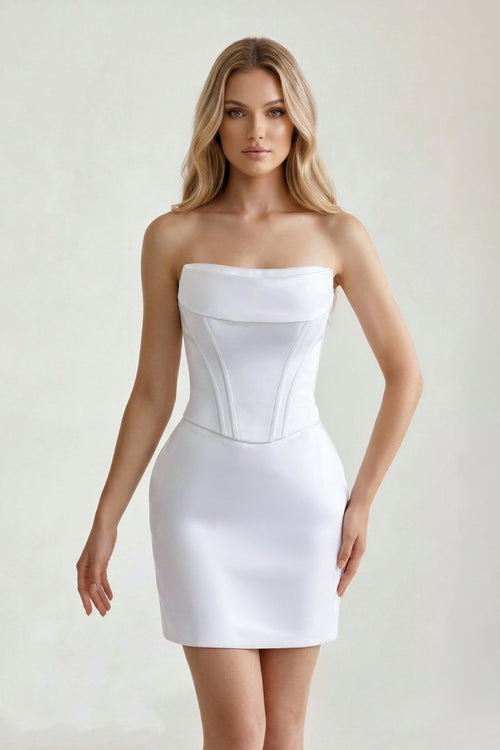 White Strapless Sheath Corset Satin Graduation Dress - KissProm